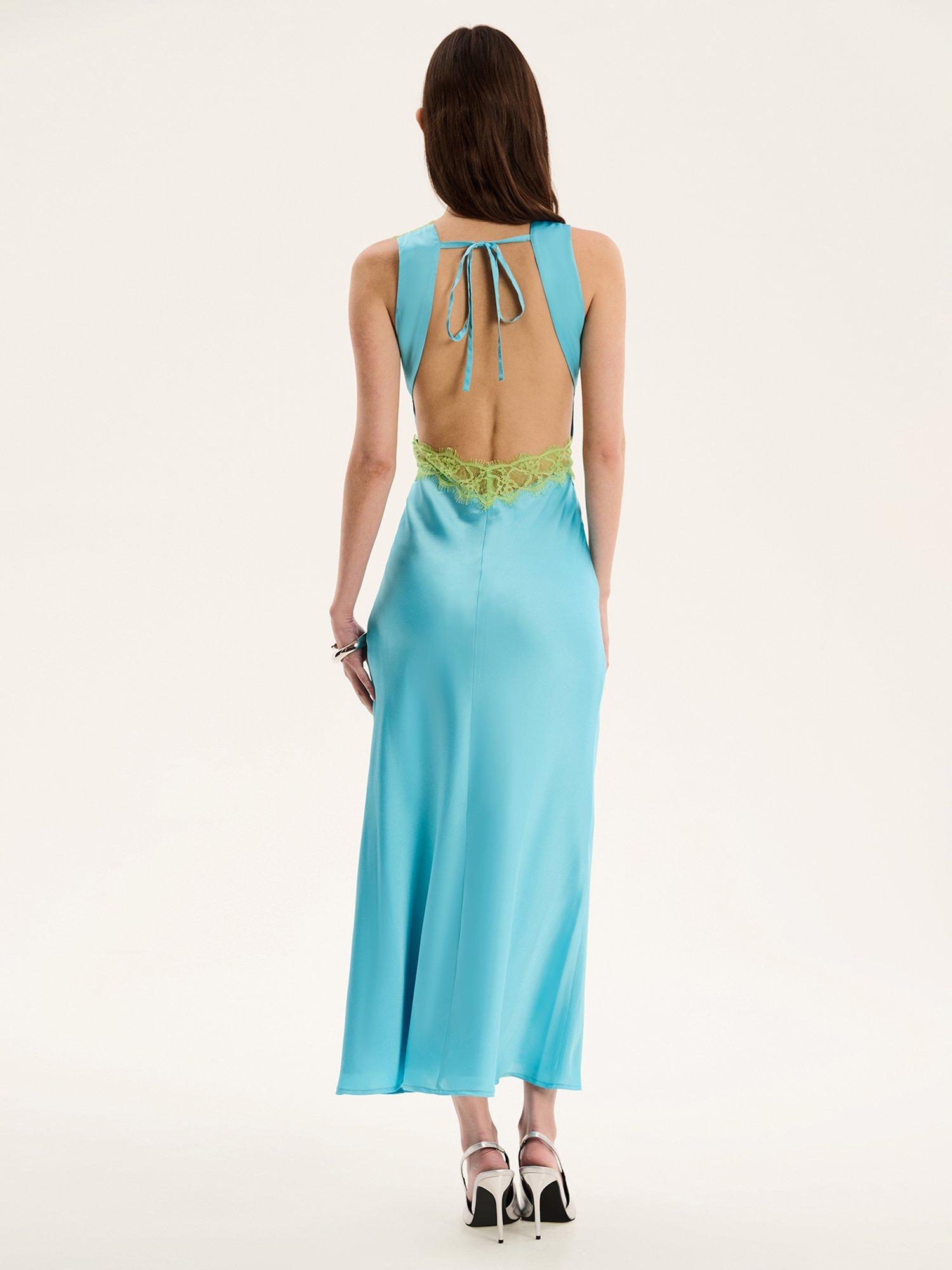 Product image 4 of 6, which shows OMNES Aurelia Satin Lace Trim Dress, Turquoise, 4