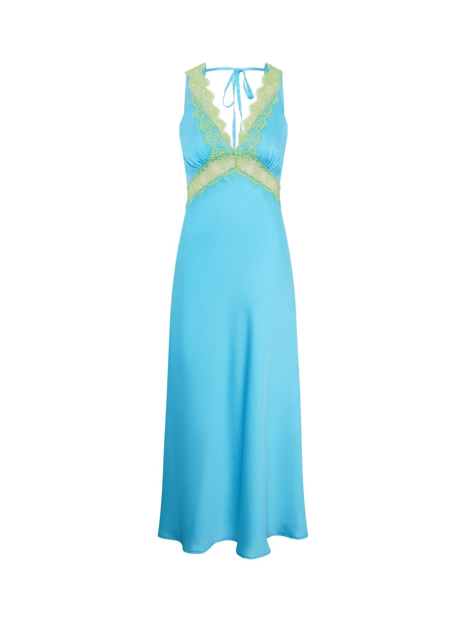 Product image 6 of 6, which shows OMNES Aurelia Satin Lace Trim Dress, Turquoise, 4