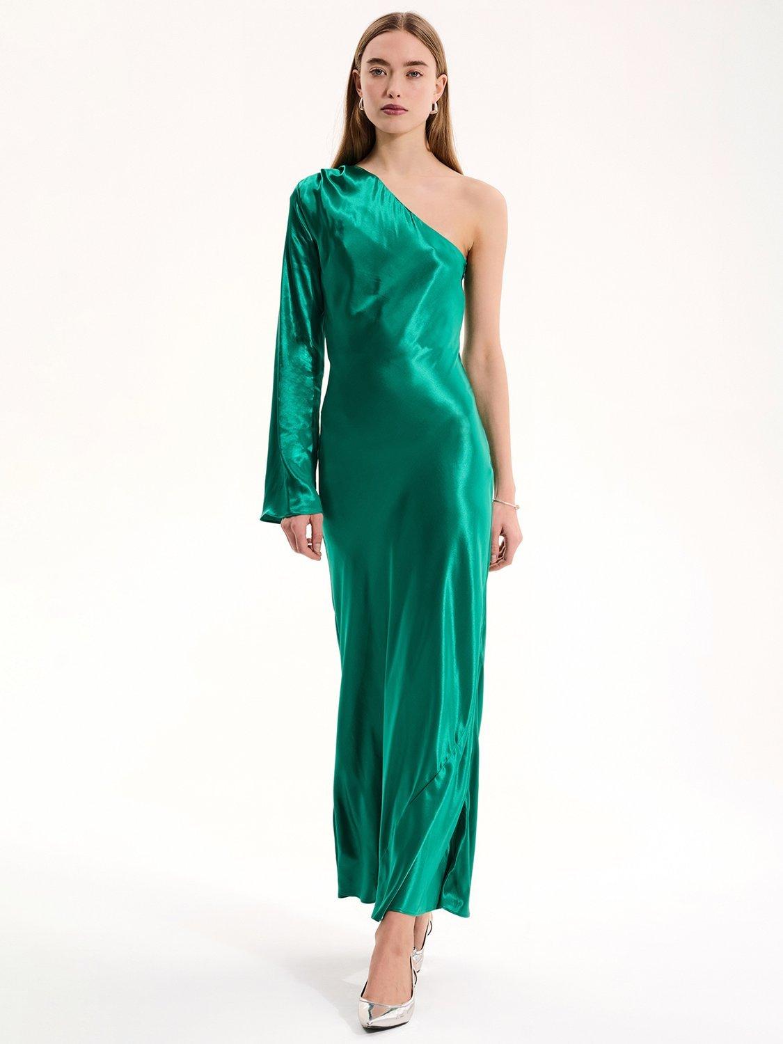 Product image 1 of 5, which shows OMNES Charlie Satin Asymmetric Dress, Green, 6
