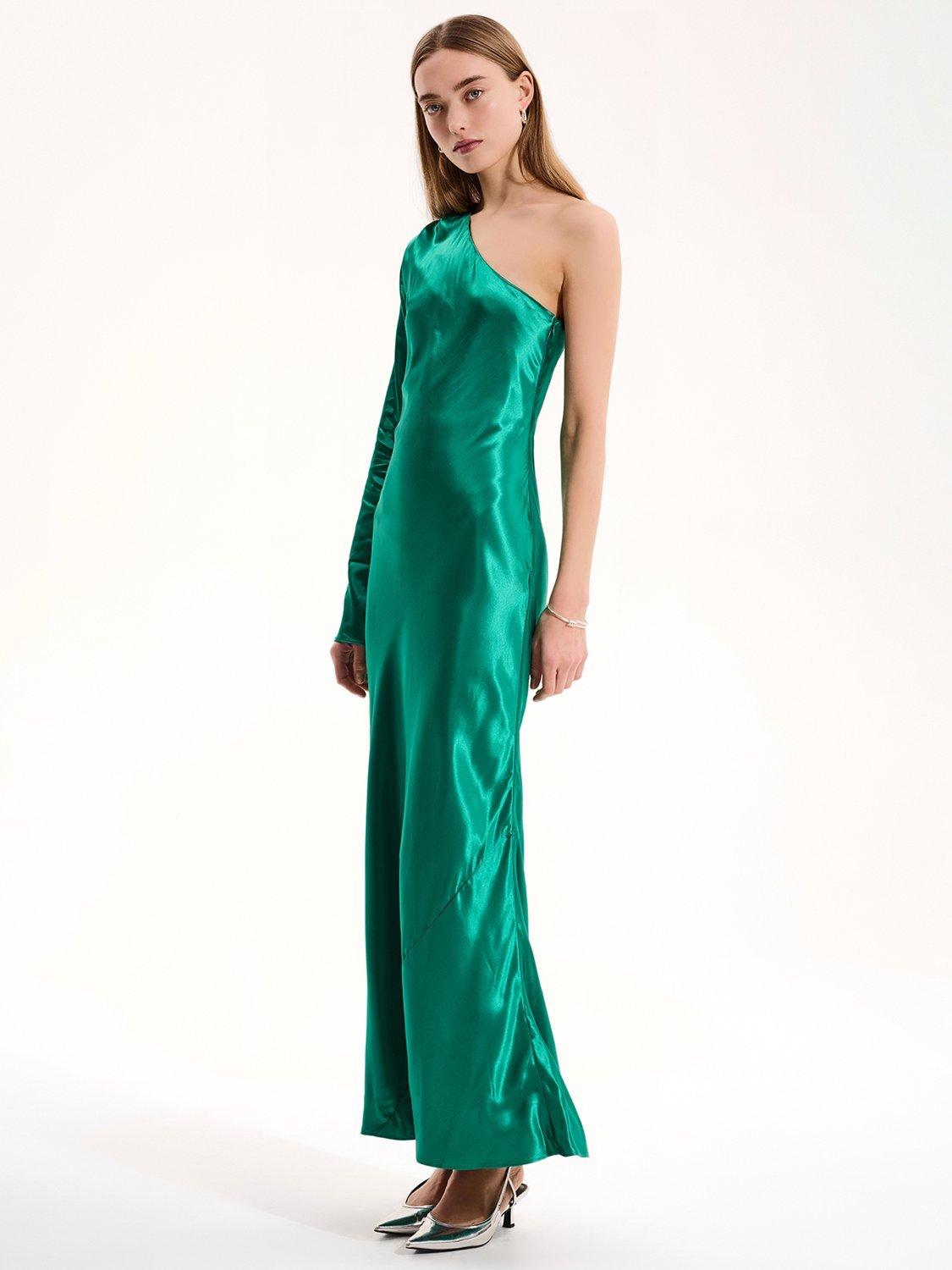 Product image 2 of 5, which shows OMNES Charlie Satin Asymmetric Dress, Green, 6
