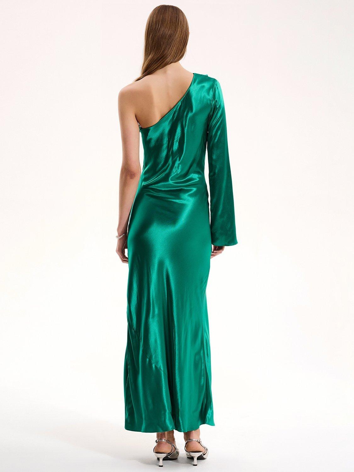 Product image 3 of 5, which shows OMNES Charlie Satin Asymmetric Dress, Green, 6