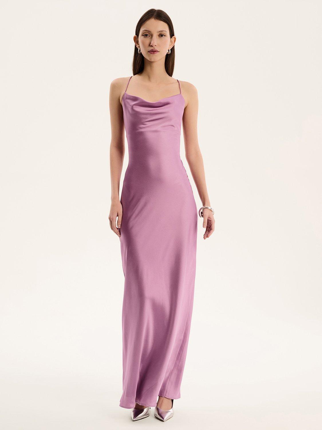 Product image 1 of 5, which shows OMNES Ginny Cowl Neck Satin Dress, Lilac, 6