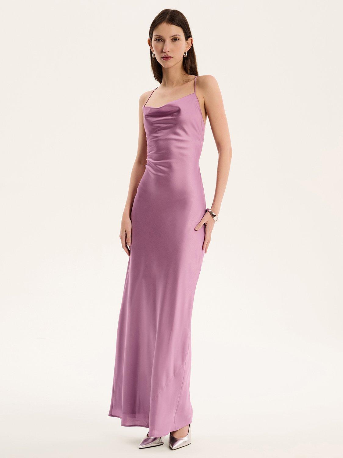 Product image 2 of 5, which shows OMNES Ginny Cowl Neck Satin Dress, Lilac, 6