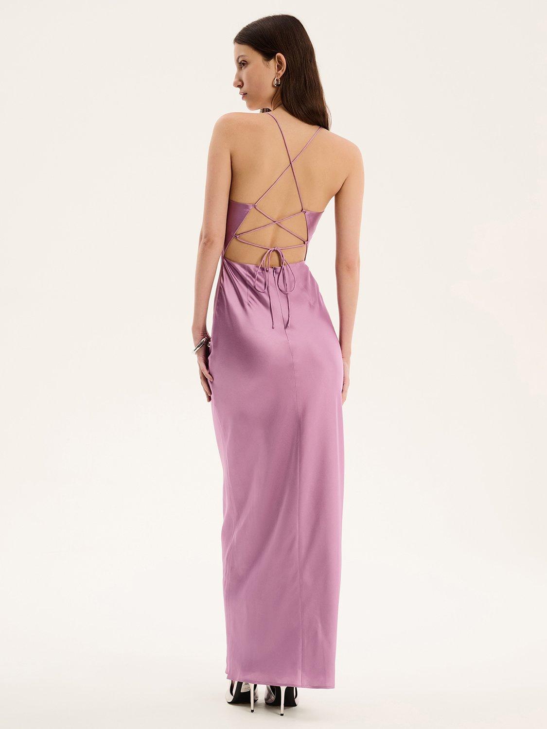 Product image 4 of 5, which shows OMNES Ginny Cowl Neck Satin Dress, Lilac, 6