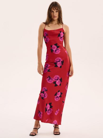 OMNES Ginny Sleeveless Satin Maxi Dress, Red/Multi, Red/Multi