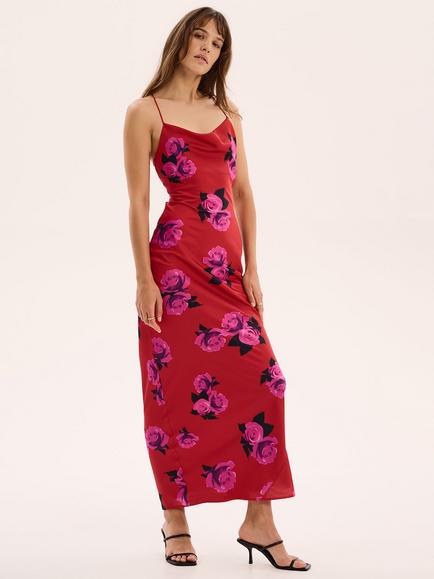 OMNES Ginny Sleeveless Satin Maxi Dress, Red/Multi - view 2, Red/Multi