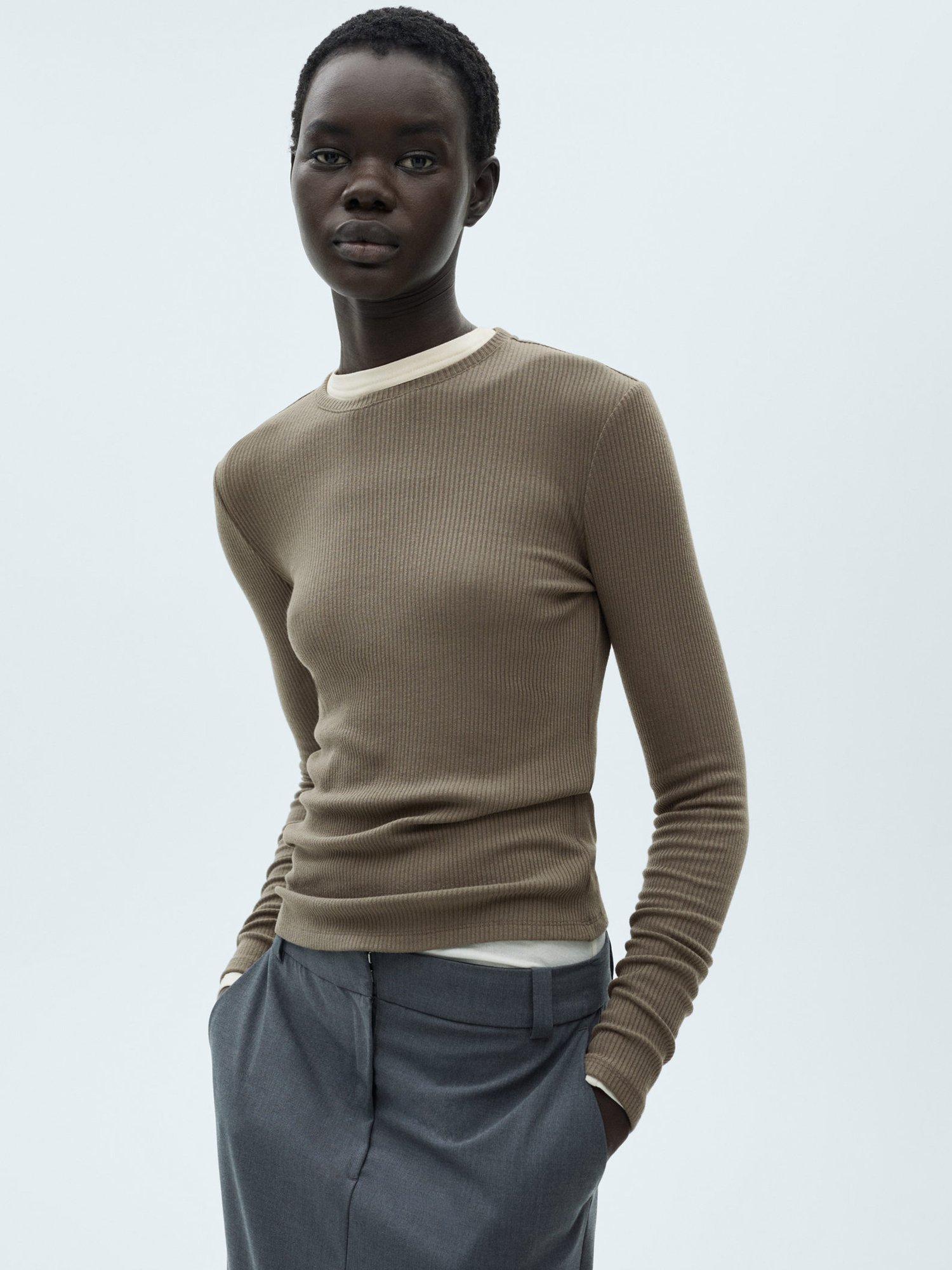 Mango Liloca Ribbed Long Sleeve Top, Khaki