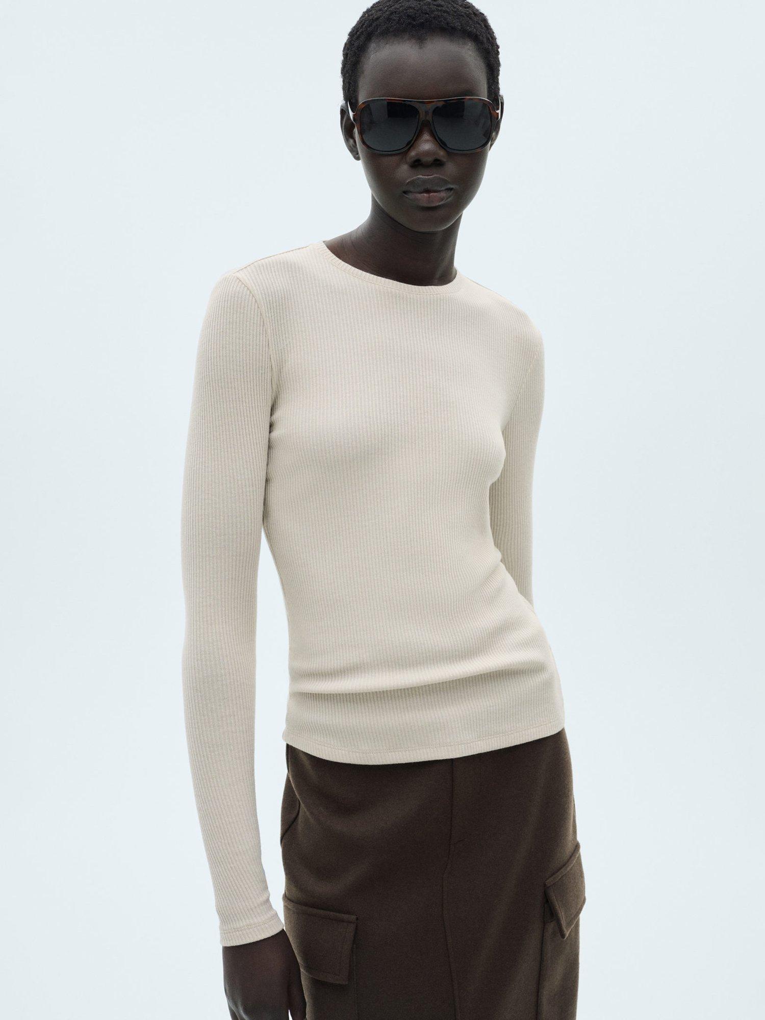 Mango Liloca Ribbed Long Sleeve Top, Beige