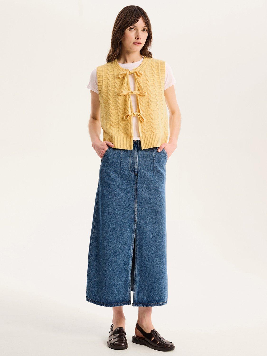 Product image 2 of 5, which shows OMNES Jacob Cable Knit Sleeveless Jumper, Yellow, XS