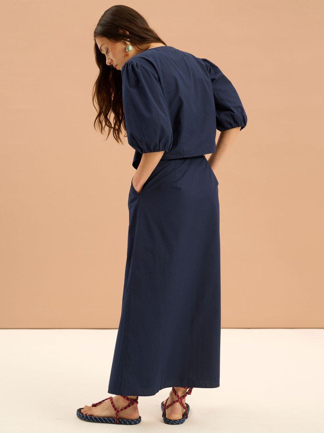 Product image 3 of 4, which shows OMNES Olive Midi Skirt, Navy, 6