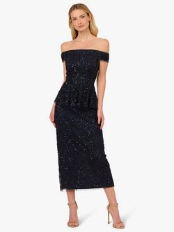 Adrianna Papell Sleeveless Bead Mesh Peplum Midi Dress, Navy, Navy