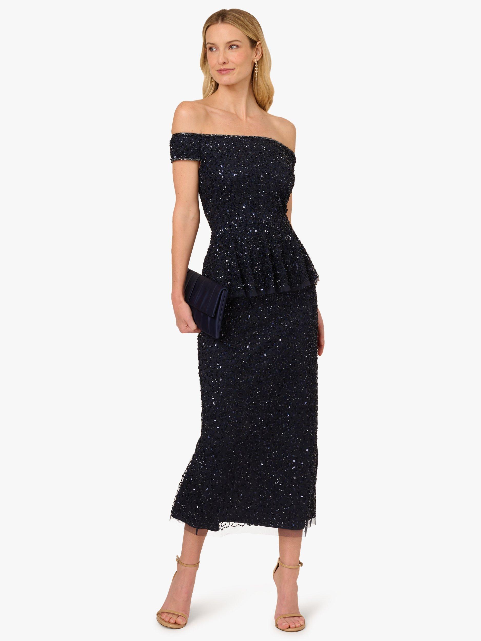 Product image 3 of 6, which shows Adrianna Papell Sleeveless Bead Mesh Peplum Midi Dress, Navy, 6