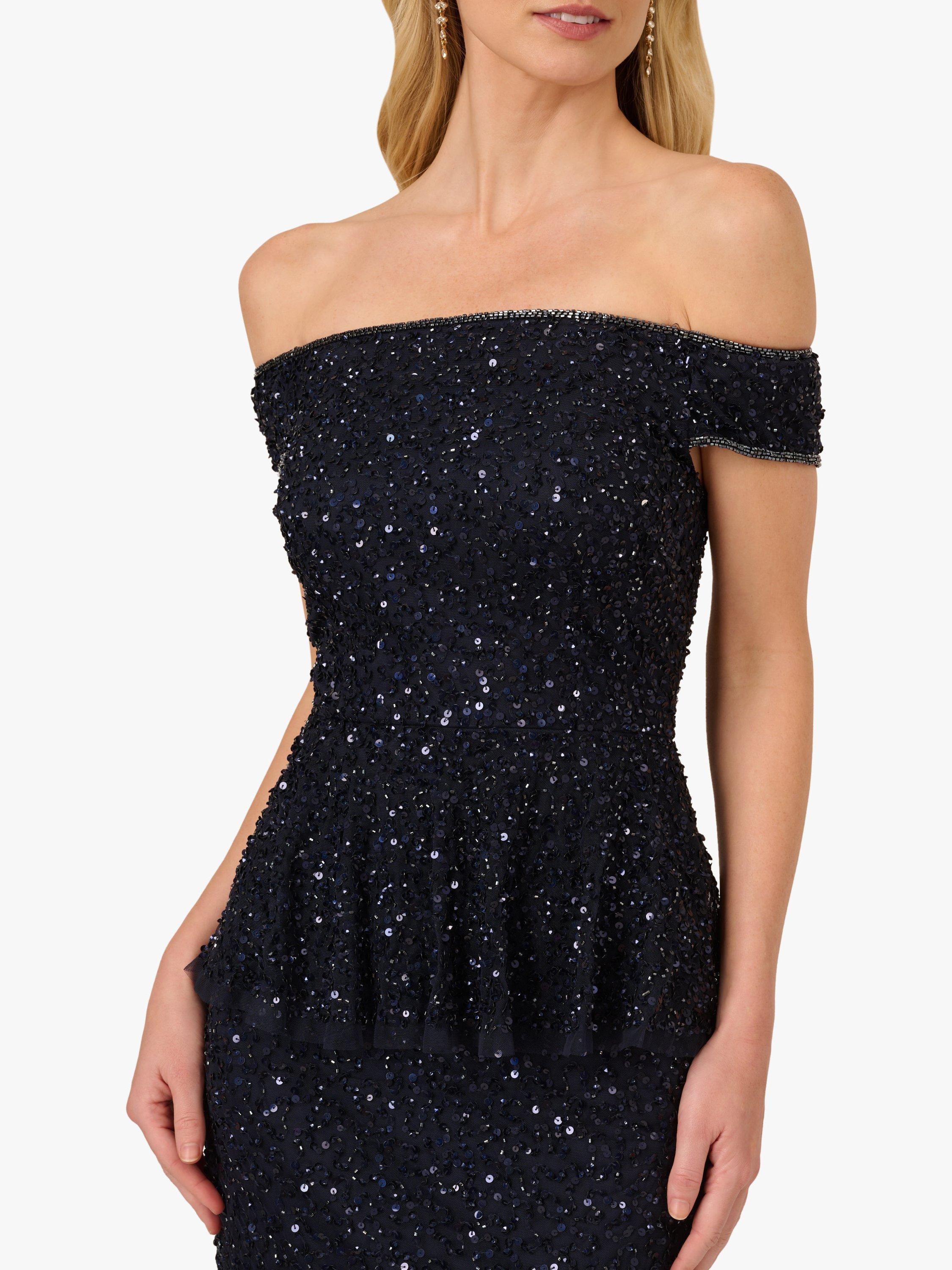 Product image 4 of 6, which shows Adrianna Papell Sleeveless Bead Mesh Peplum Midi Dress, Navy, 6