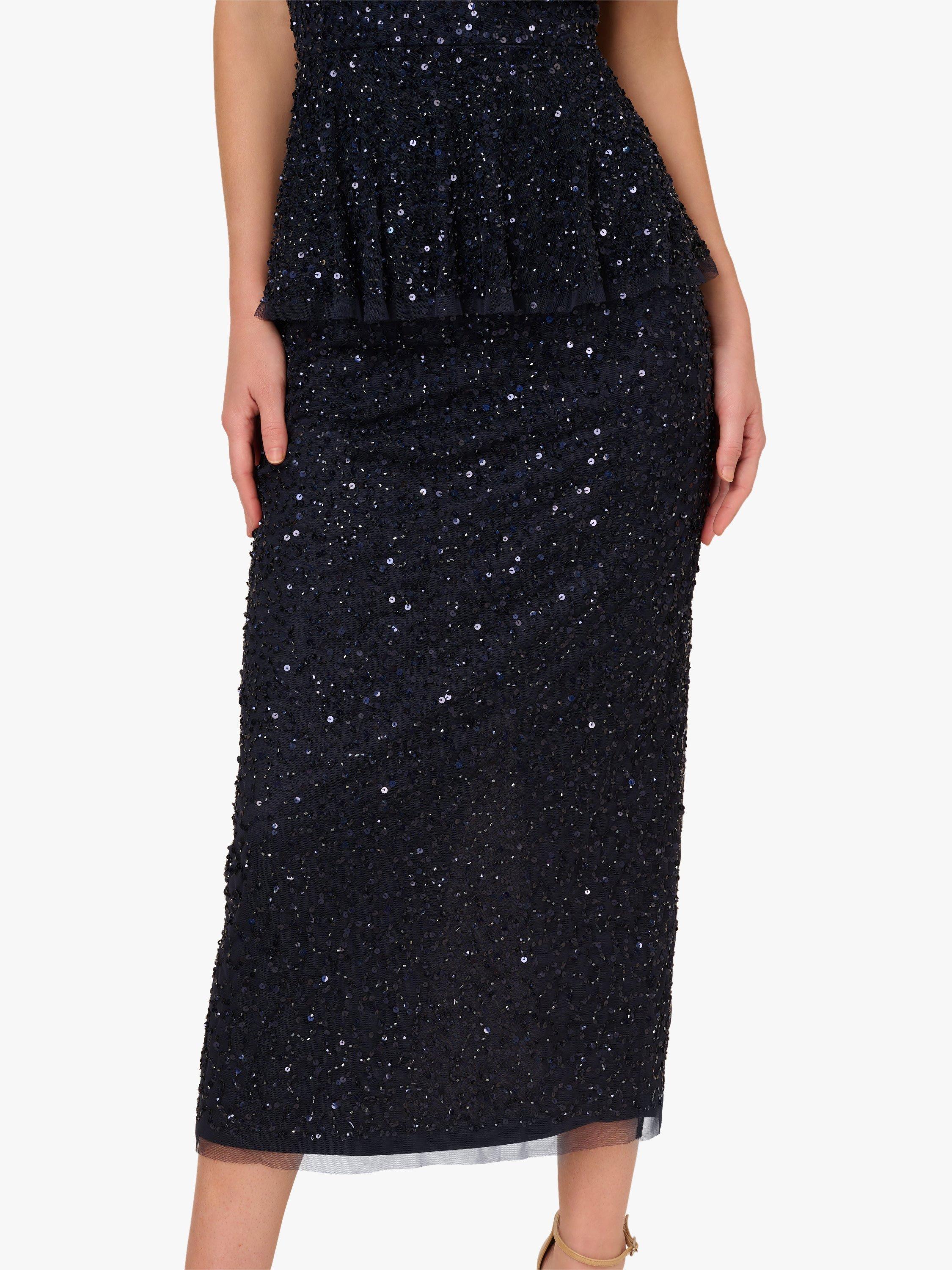Product image 5 of 6, which shows Adrianna Papell Sleeveless Bead Mesh Peplum Midi Dress, Navy, 6