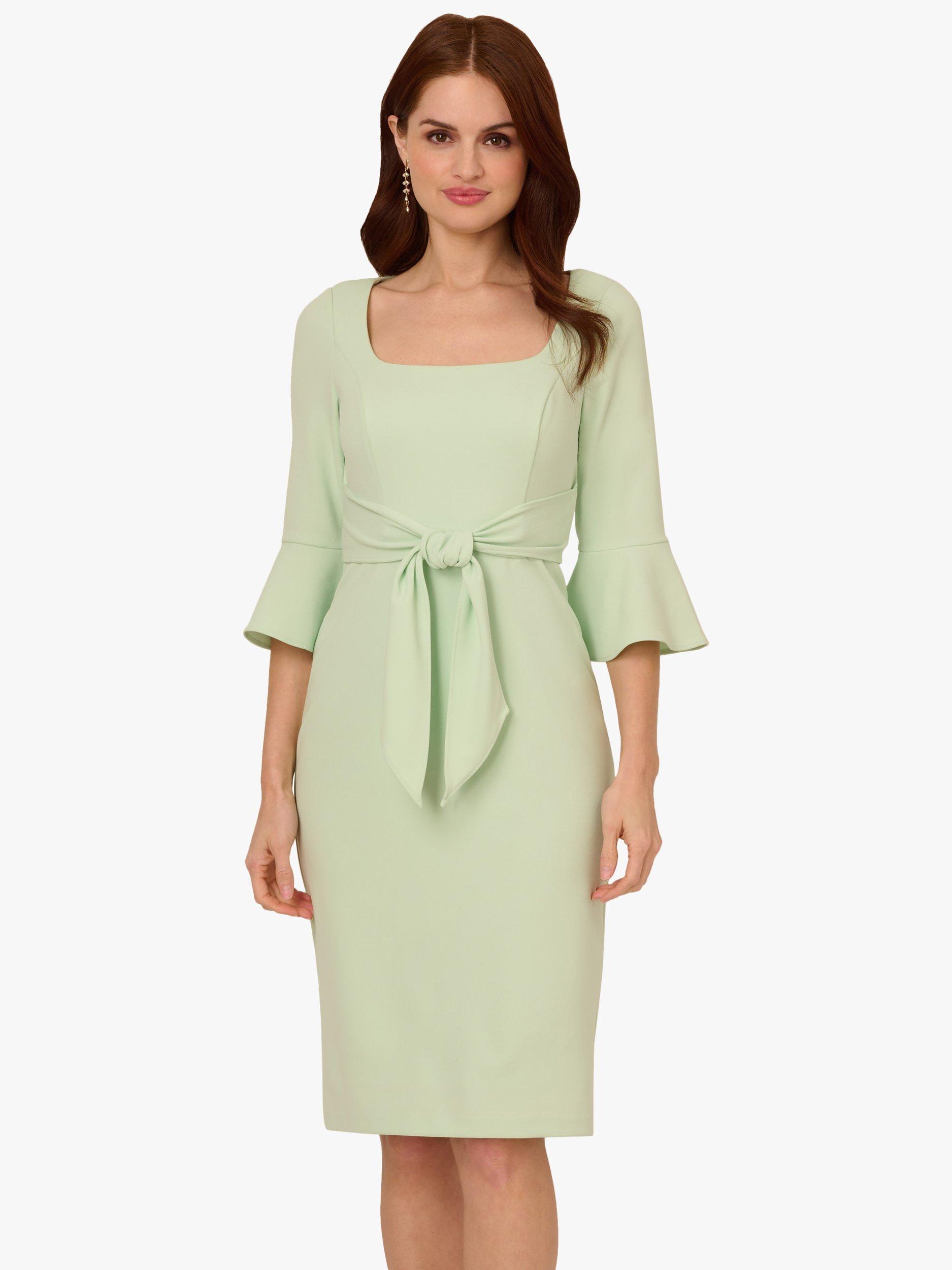 Product image 1 of 7, which shows Adrianna Papell Bell Sleeve Tie Waist Knee Length Midi Dress, Light Green, 6