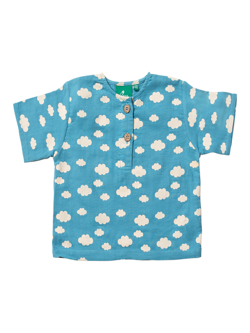 Product image 1 of 5, which shows Little Green Radicals Kids' Clouds Long Sleeve Henley Top, Blue/Multi, 2-3 years