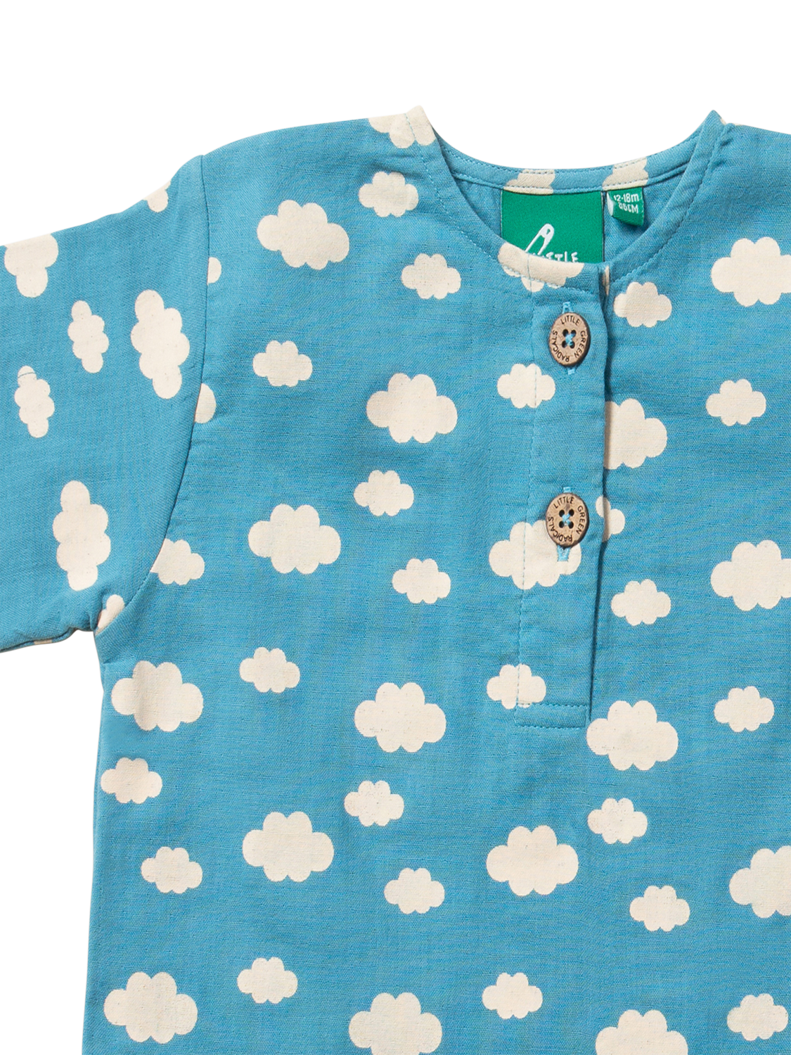 Product image 2 of 5, which shows Little Green Radicals Kids' Clouds Long Sleeve Henley Top, Blue/Multi, 2-3 years