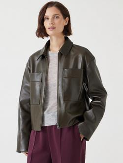 HUSH Zip Front Pure Leather Jacket, Olive Green, Olive Green