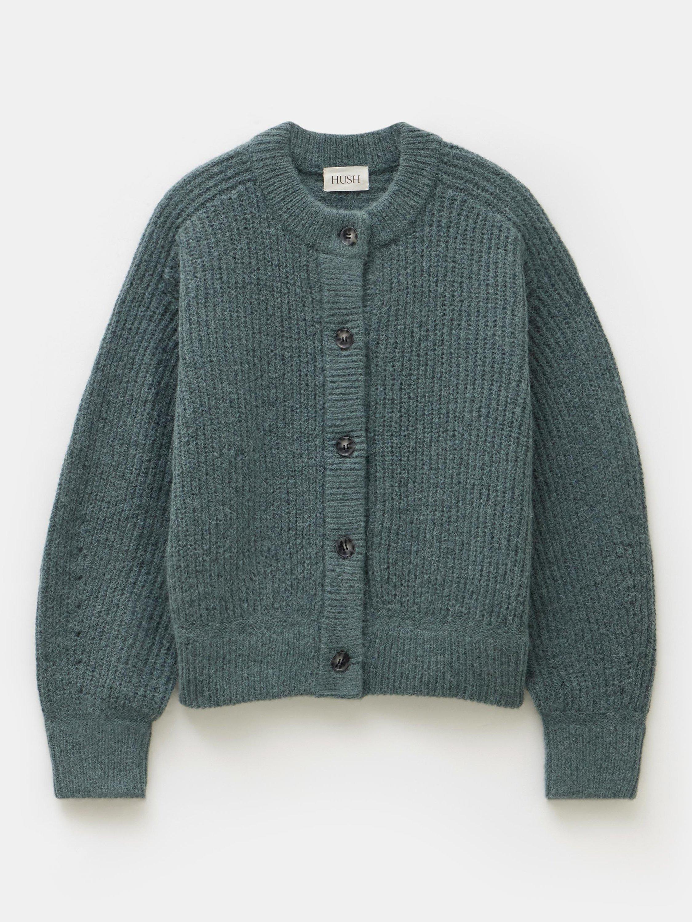 Product image 4 of 5, which shows HUSH Chunky Wool Rich Cardigan, Sage Green, XS-S