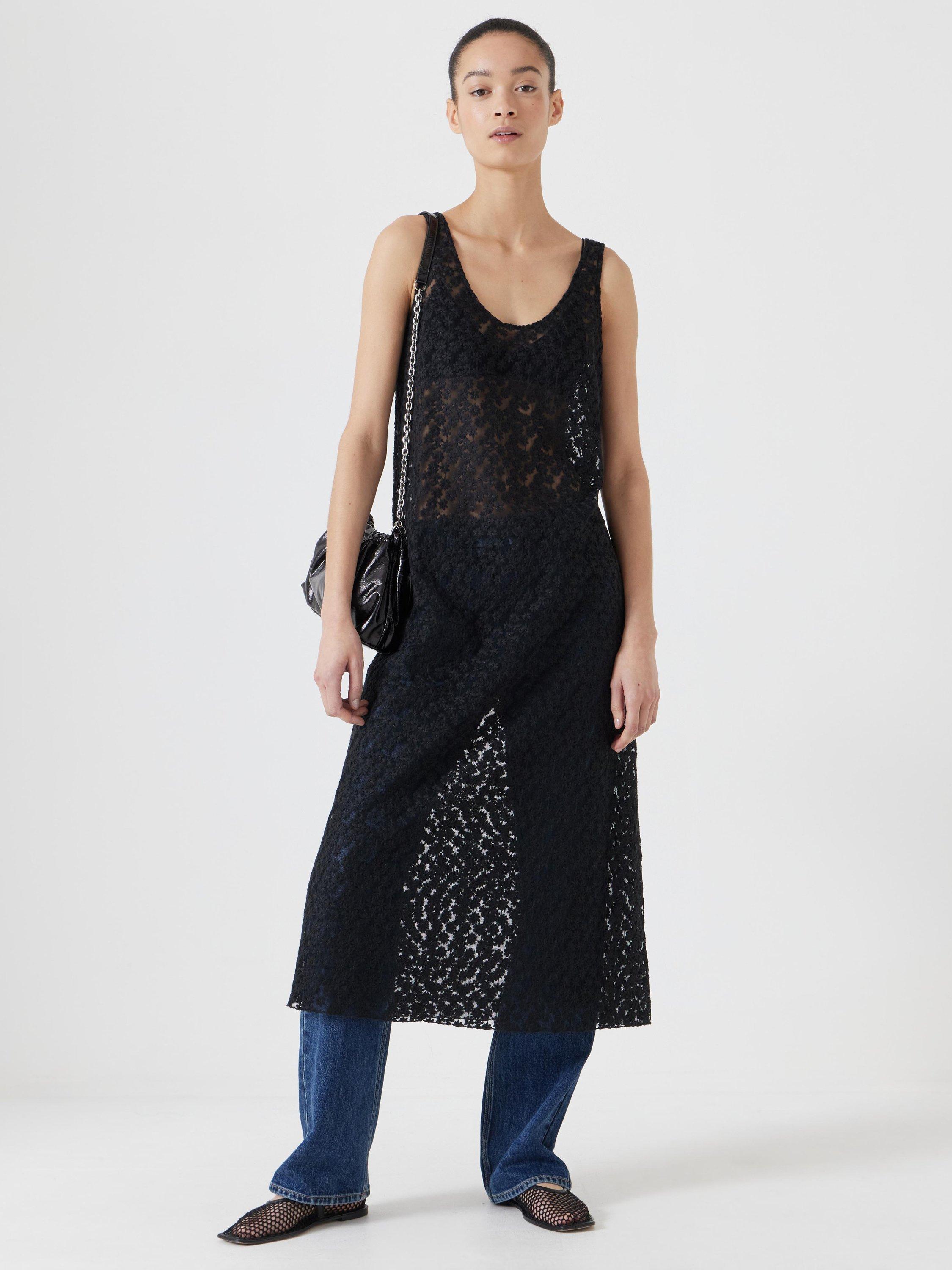 Product image 1 of 5, which shows HUSH Floral Embroidered Sleeveless Midi Dress, Black, XXS