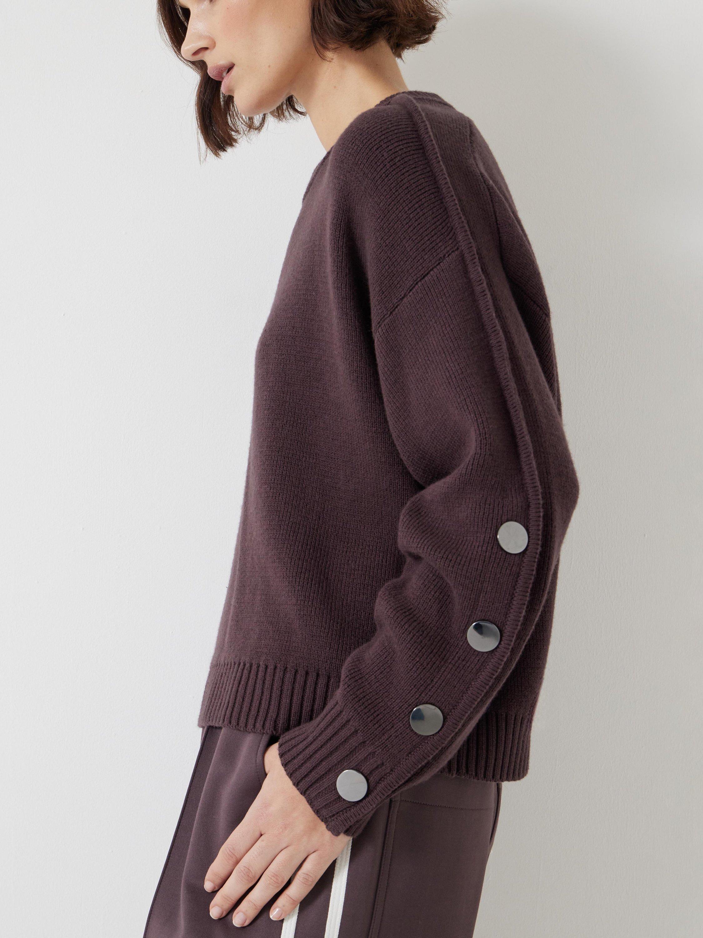 Product image 5 of 6, which shows HUSH Popper Sleeve Jumper, Raisin Brown, XS-S