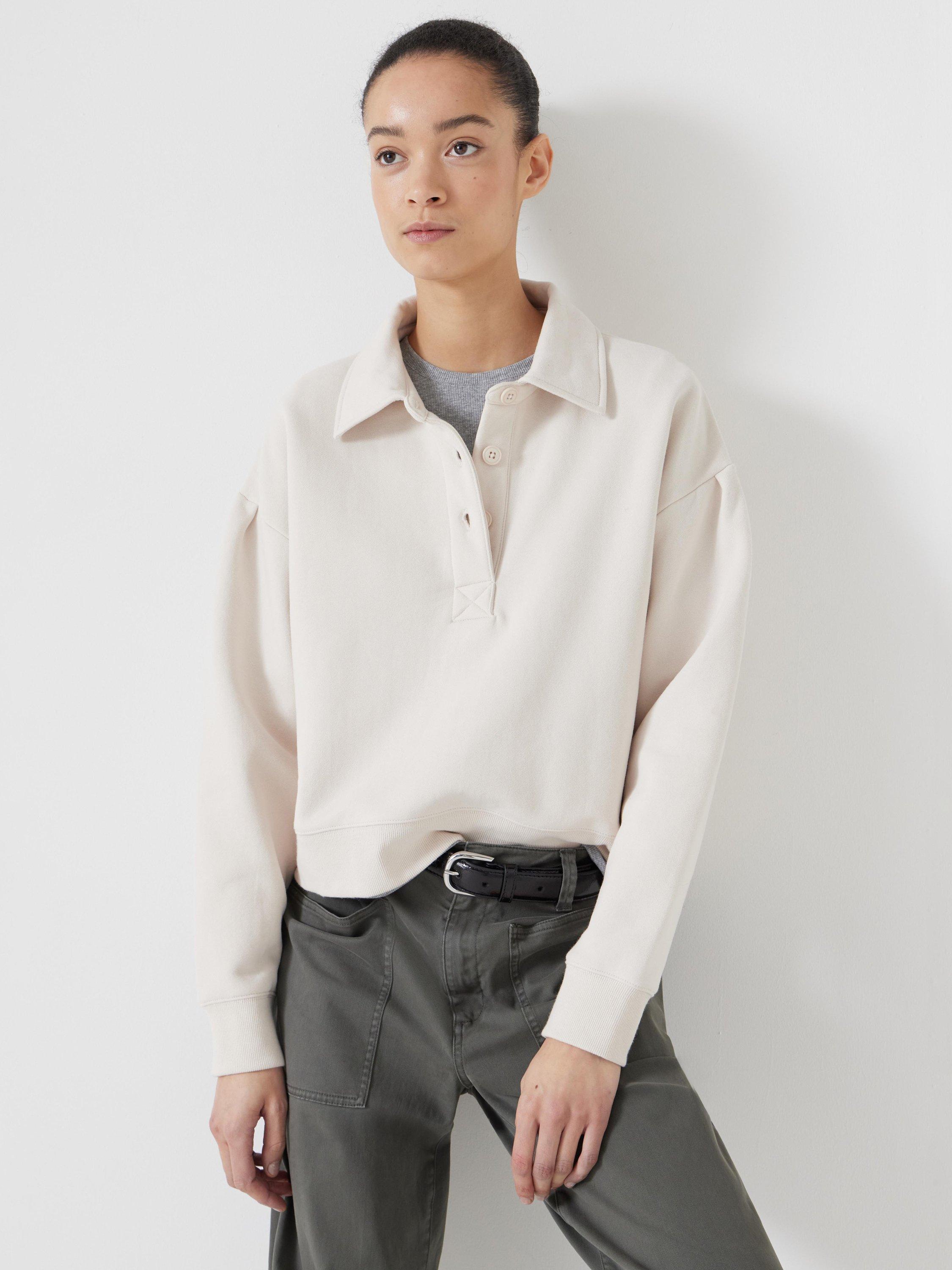 Product image 2 of 5, which shows HUSH Crop Polo Sweatshirt, Light Beige, XS