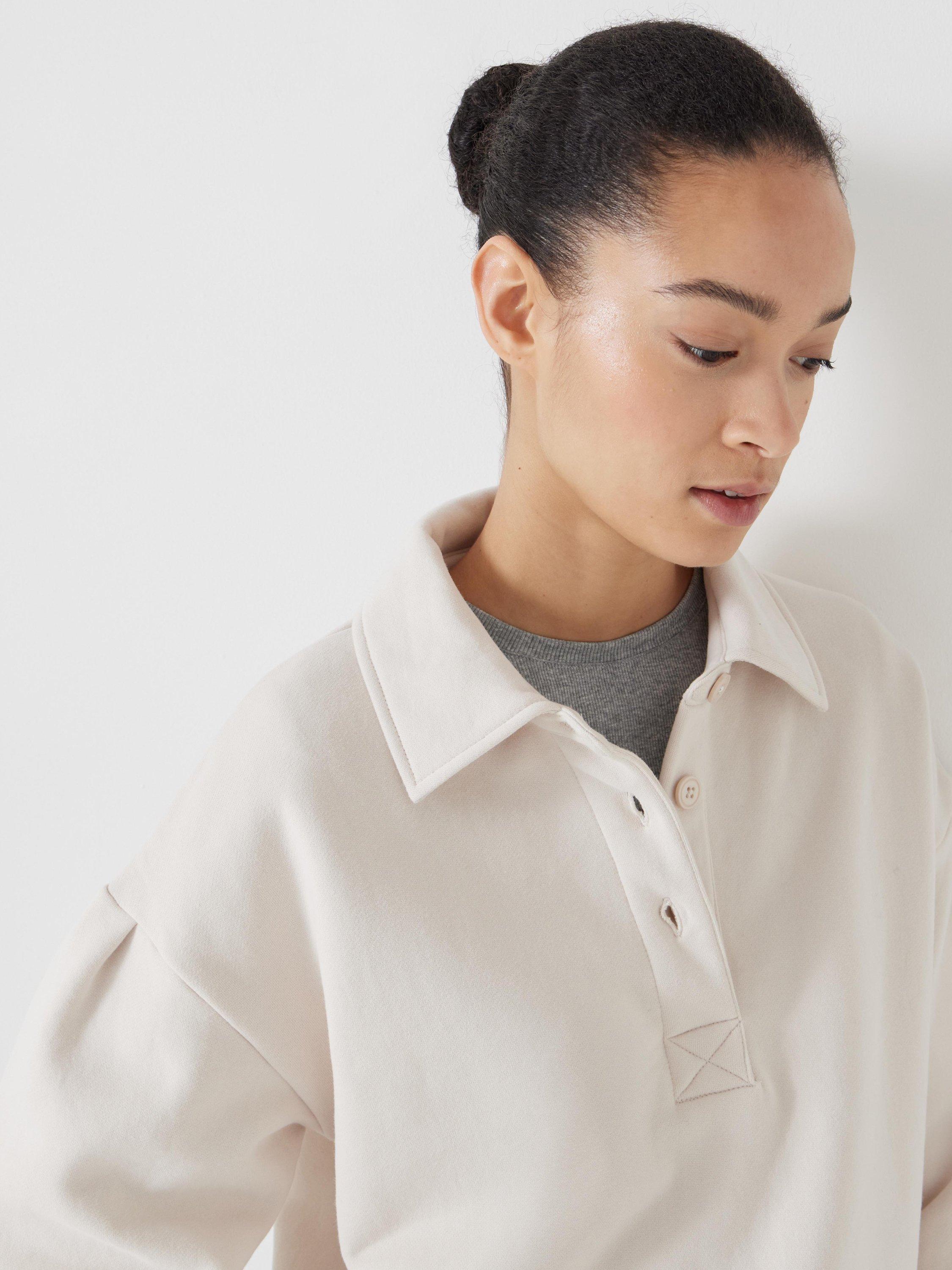 Product image 4 of 5, which shows HUSH Crop Polo Sweatshirt, Light Beige, XS