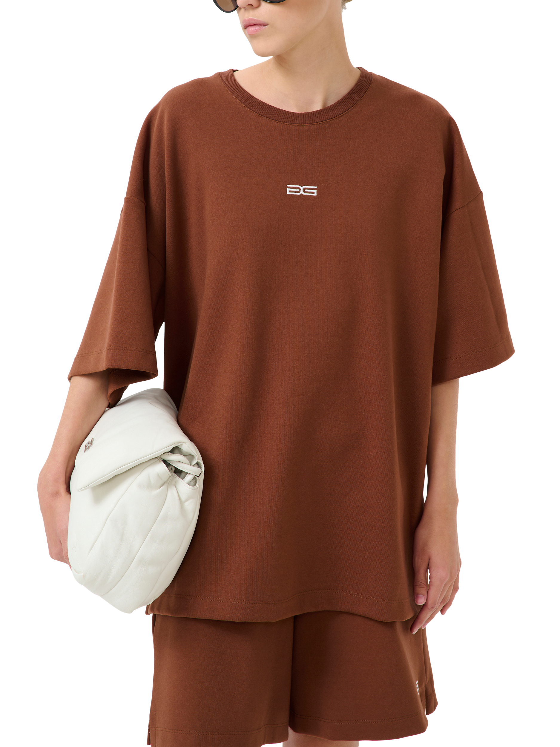 Product image 1 of 5, which shows Gestuz Imina Logo Organic Cotton Rich Oversized T-Shirt, Mid Brown, XS-S