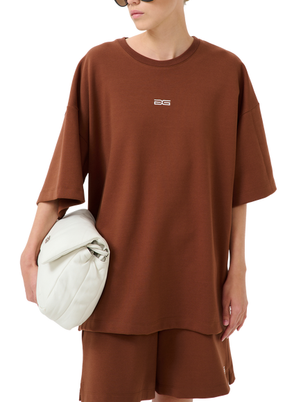 Gestuz Imina Logo Organic Cotton Rich Oversized T-Shirt, Mid Brown, Mid Brown