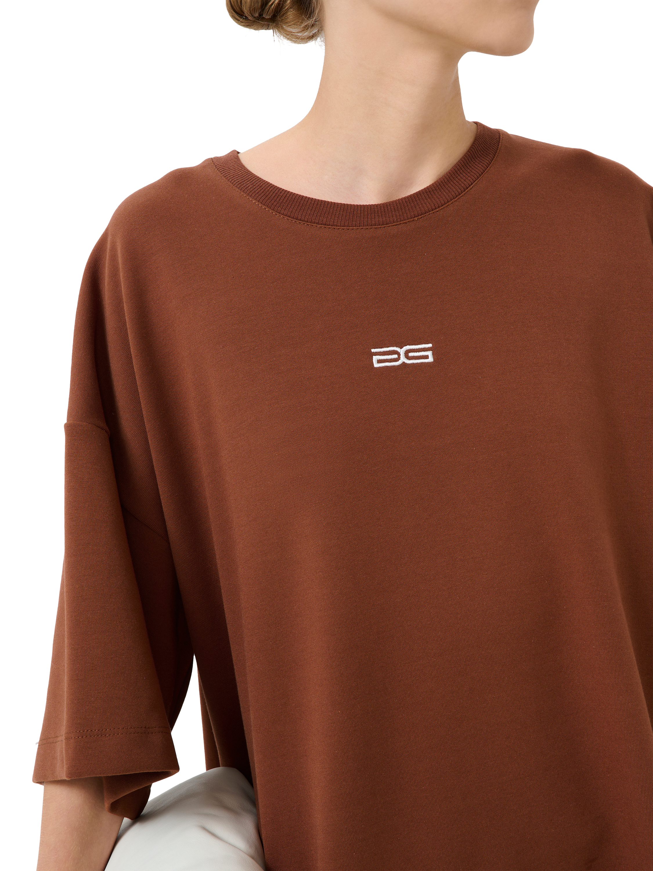 Product image 3 of 5, which shows Gestuz Imina Logo Organic Cotton Rich Oversized T-Shirt, Mid Brown, XS-S