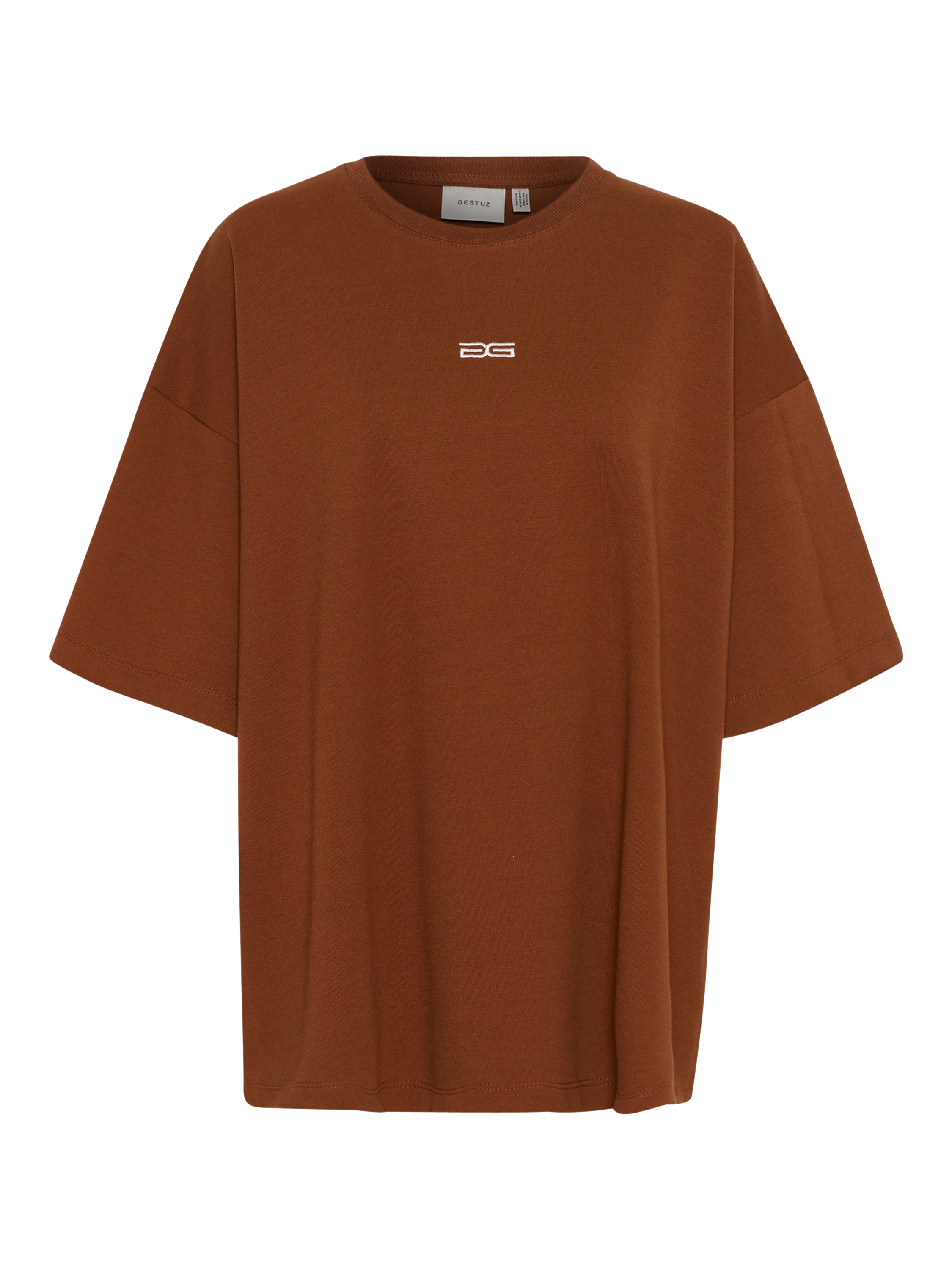 Product image 4 of 5, which shows Gestuz Imina Logo Organic Cotton Rich Oversized T-Shirt, Mid Brown, XS-S