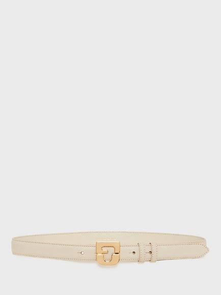 Gerard Darel Lauren Logo Buckle Leather Belt, Beige, Beige