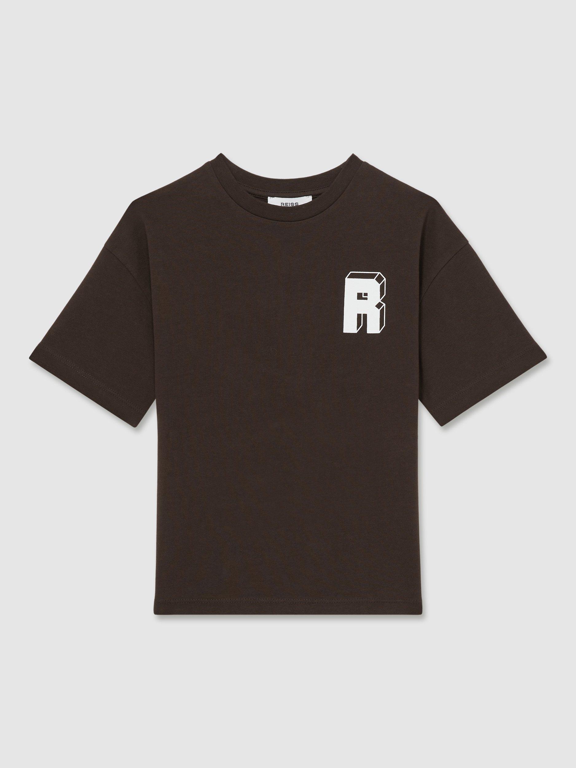 Product image 1 of 3, which shows Reiss Kids' Manny Logo Cotton T-Shirt, Brown, 13-14 years