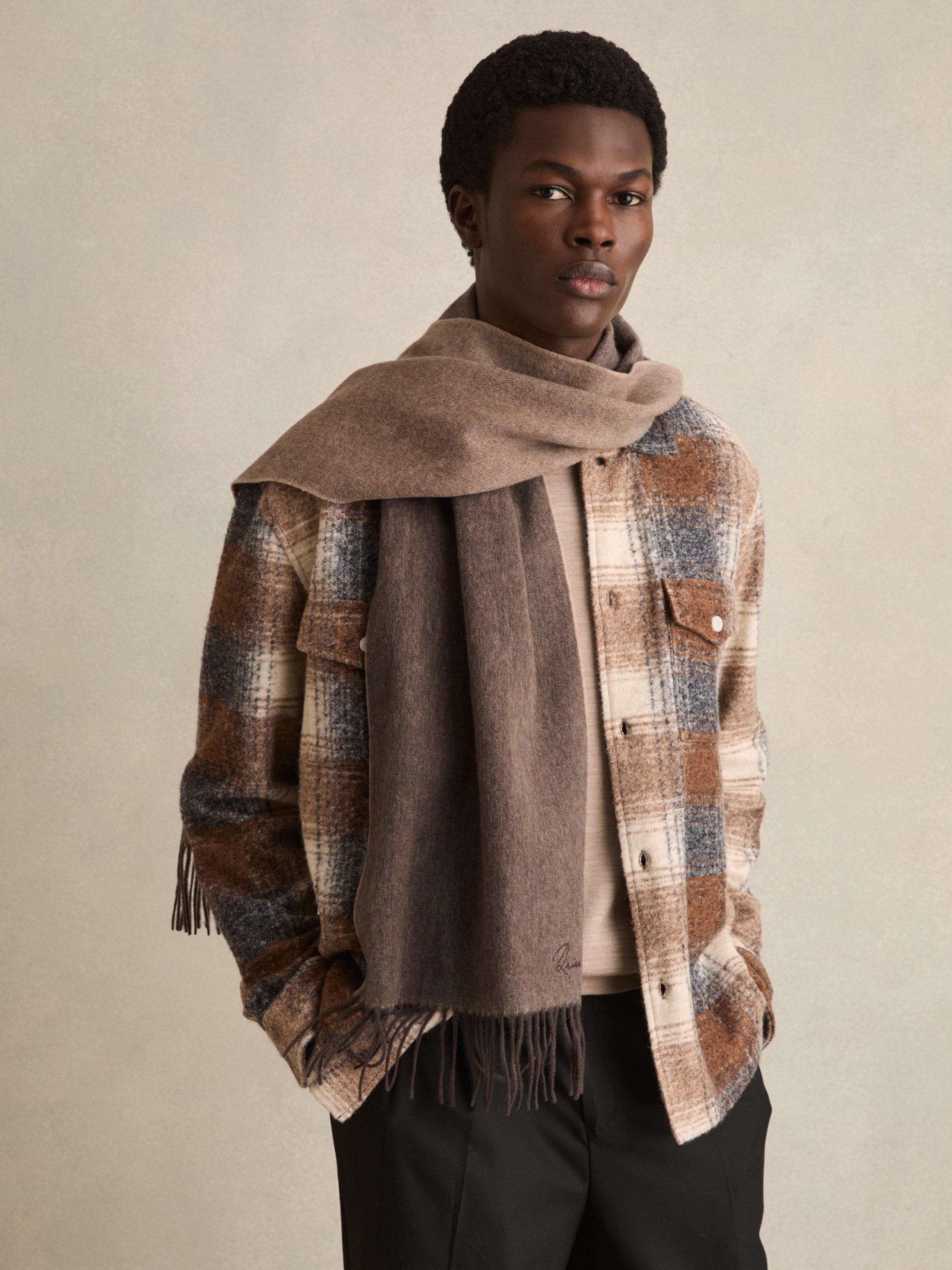 Product image 3 of 5, which shows Reiss Picton Wool Cashmere Fringed Scarf, Taupe, One Size