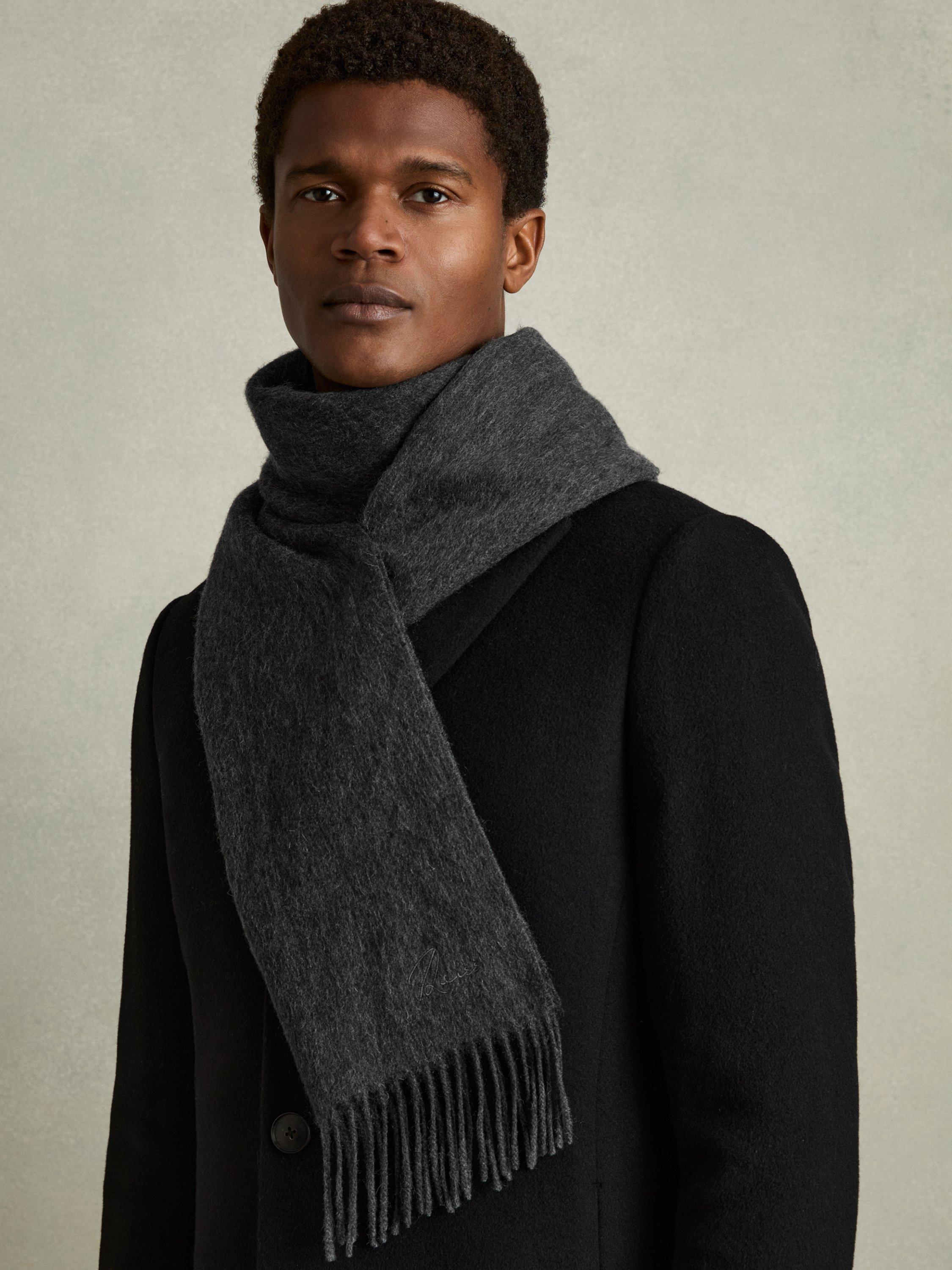 Product image 2 of 4, which shows Reiss Picton Wool Cashmere Fringed Scarf, Charcoal, One Size