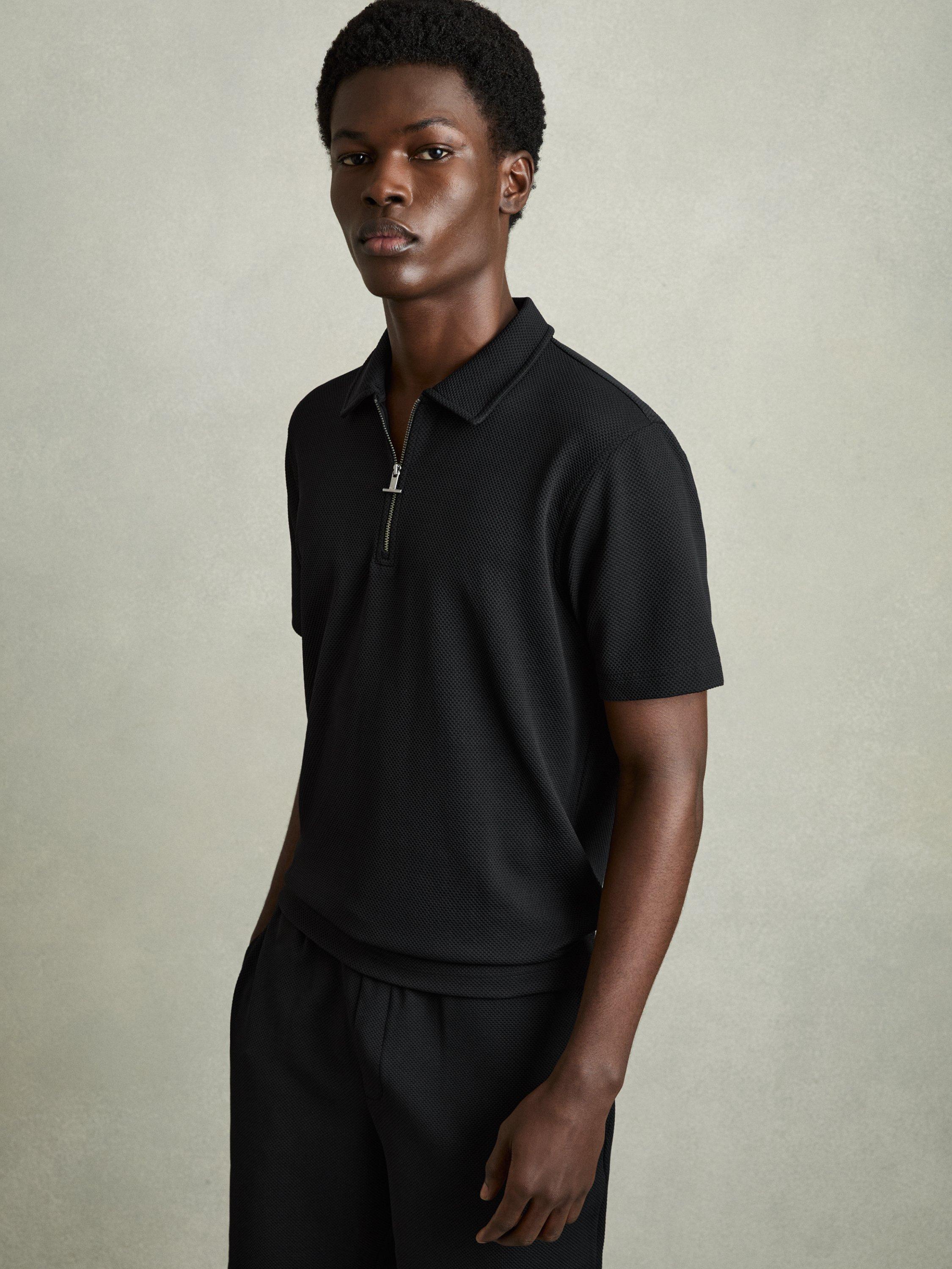Reiss Albany Textured Zip-Neck Polo Shirt, Black