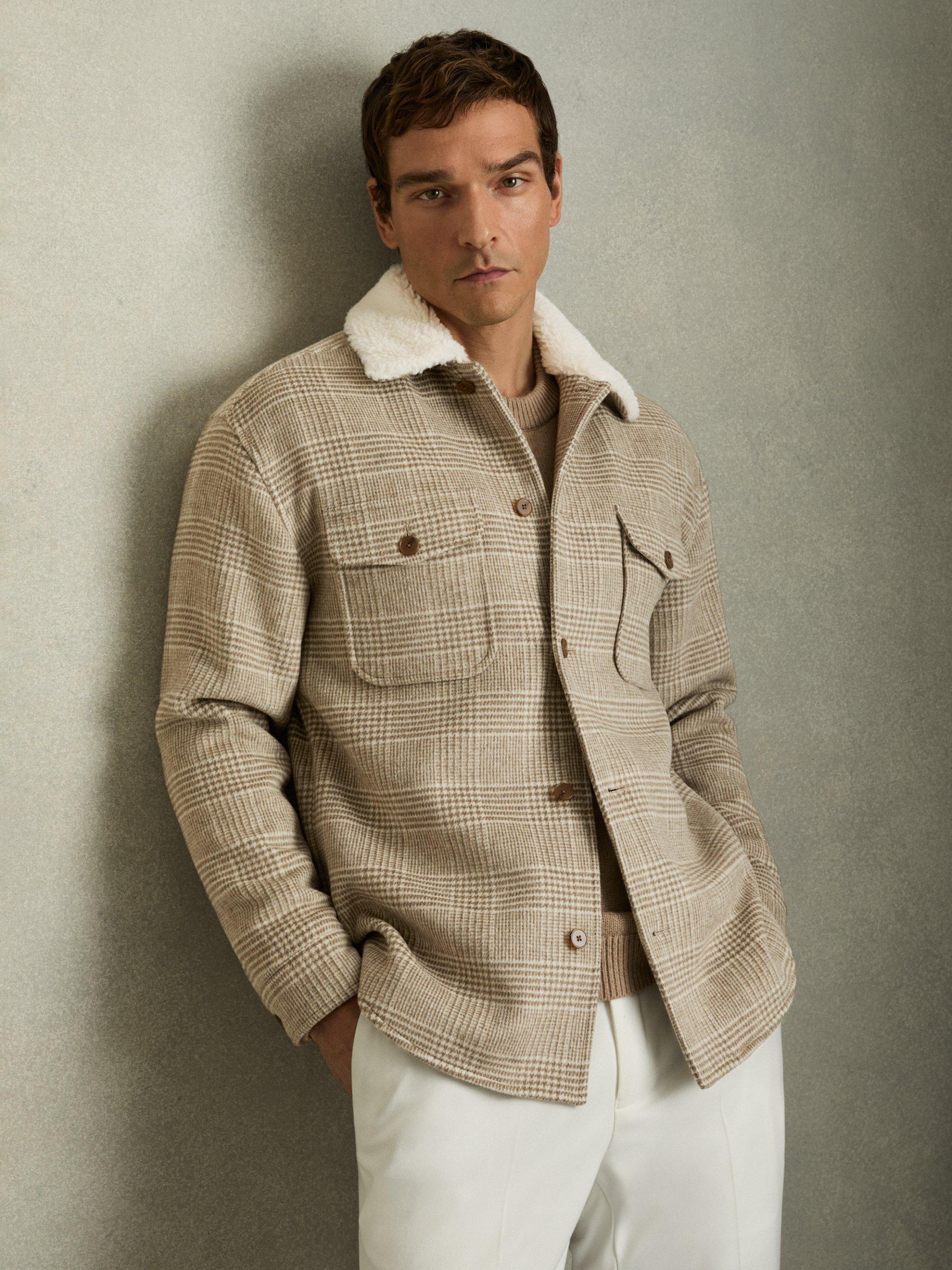 Product image 1 of 2, which shows Reiss Nix Check Wool Blend Shacket, Oatmeal, XS