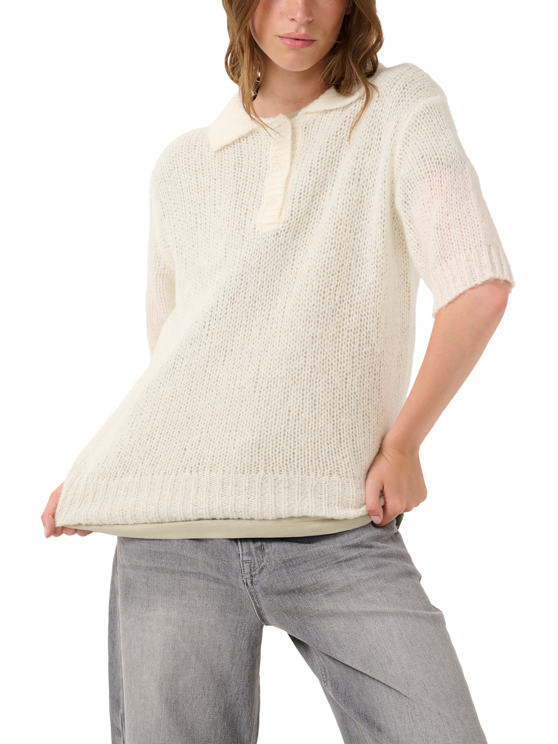Product image 1 of 5, which shows MY ESSENTIAL WARDROBE Lingo Knit Polo Shirt, Snow White, XS