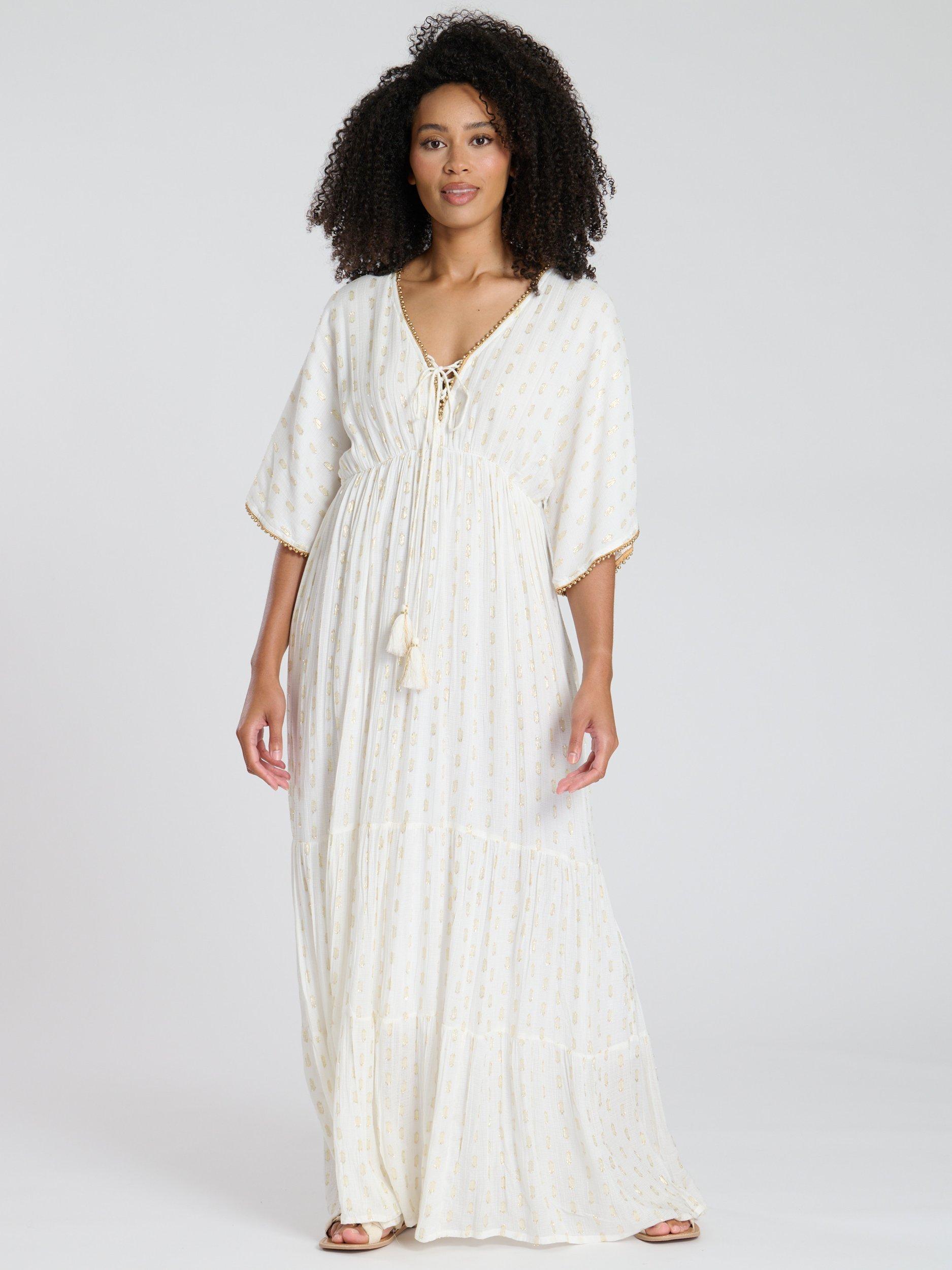 Product image 1 of 4, which shows South Beach Metallic Jacquard Spot Tiered Maxi Dress, Cream, 10
