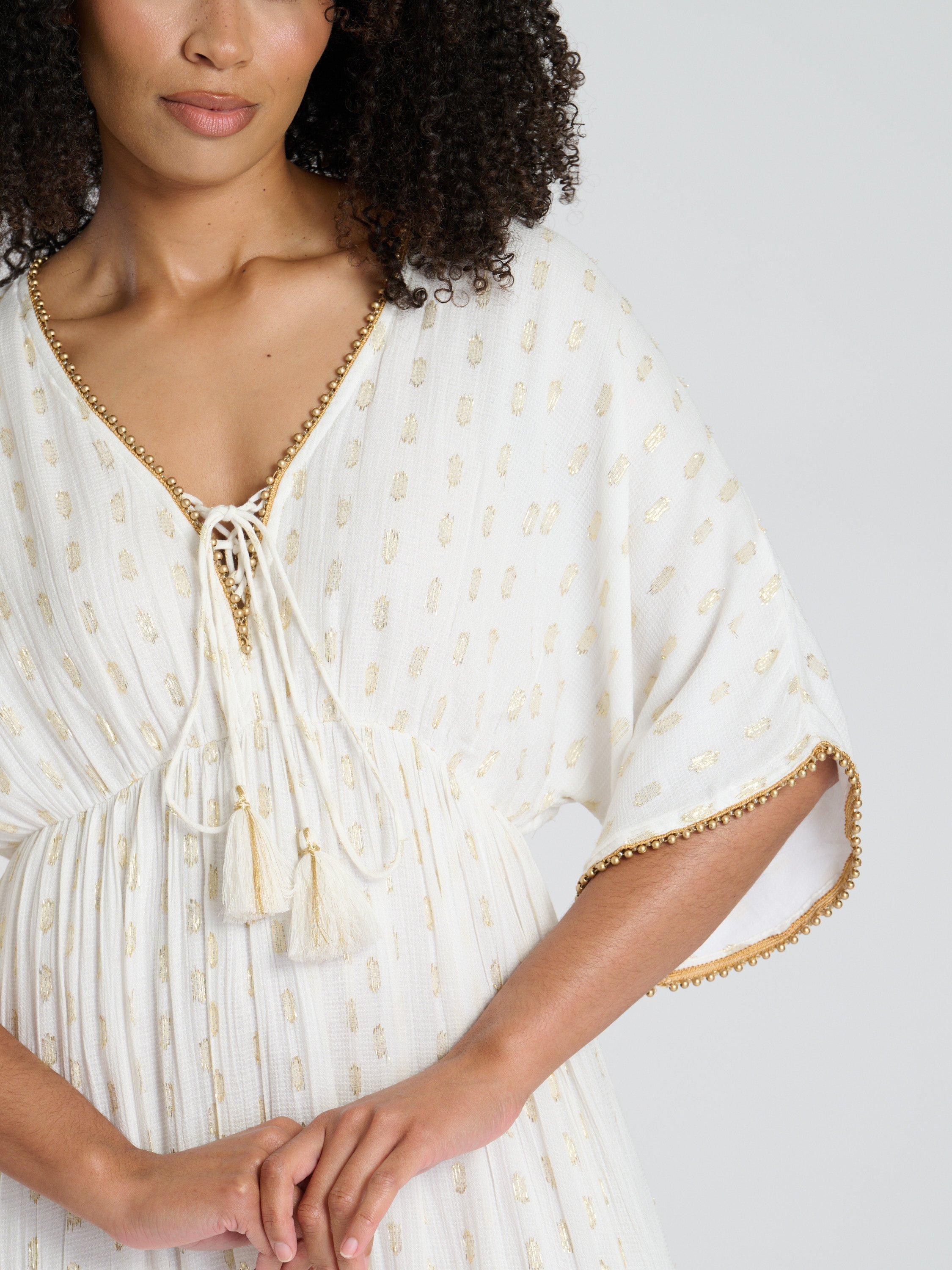 Product image 2 of 4, which shows South Beach Metallic Jacquard Spot Tiered Maxi Dress, Cream, 10