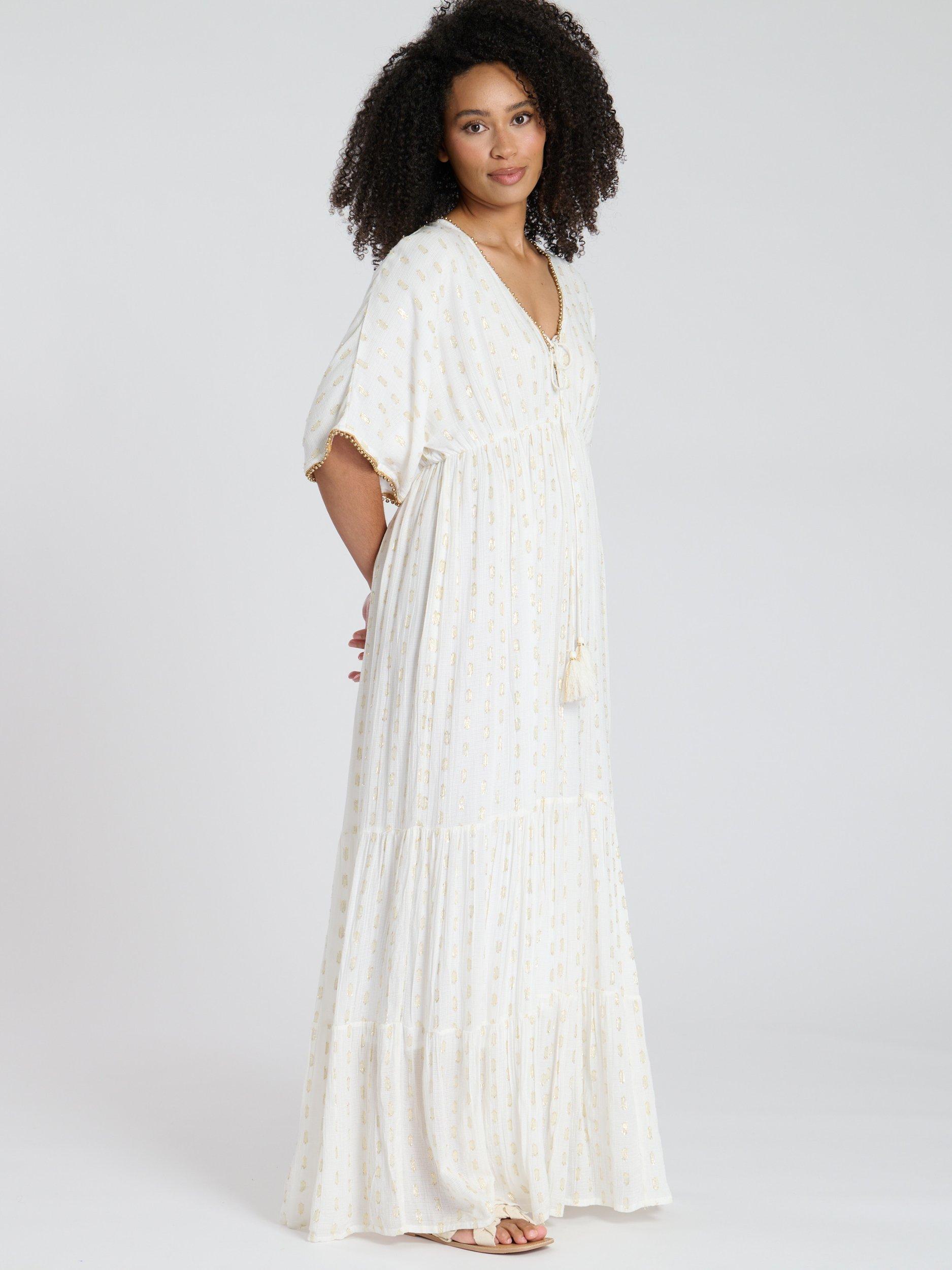 Product image 3 of 4, which shows South Beach Metallic Jacquard Spot Tiered Maxi Dress, Cream, 10