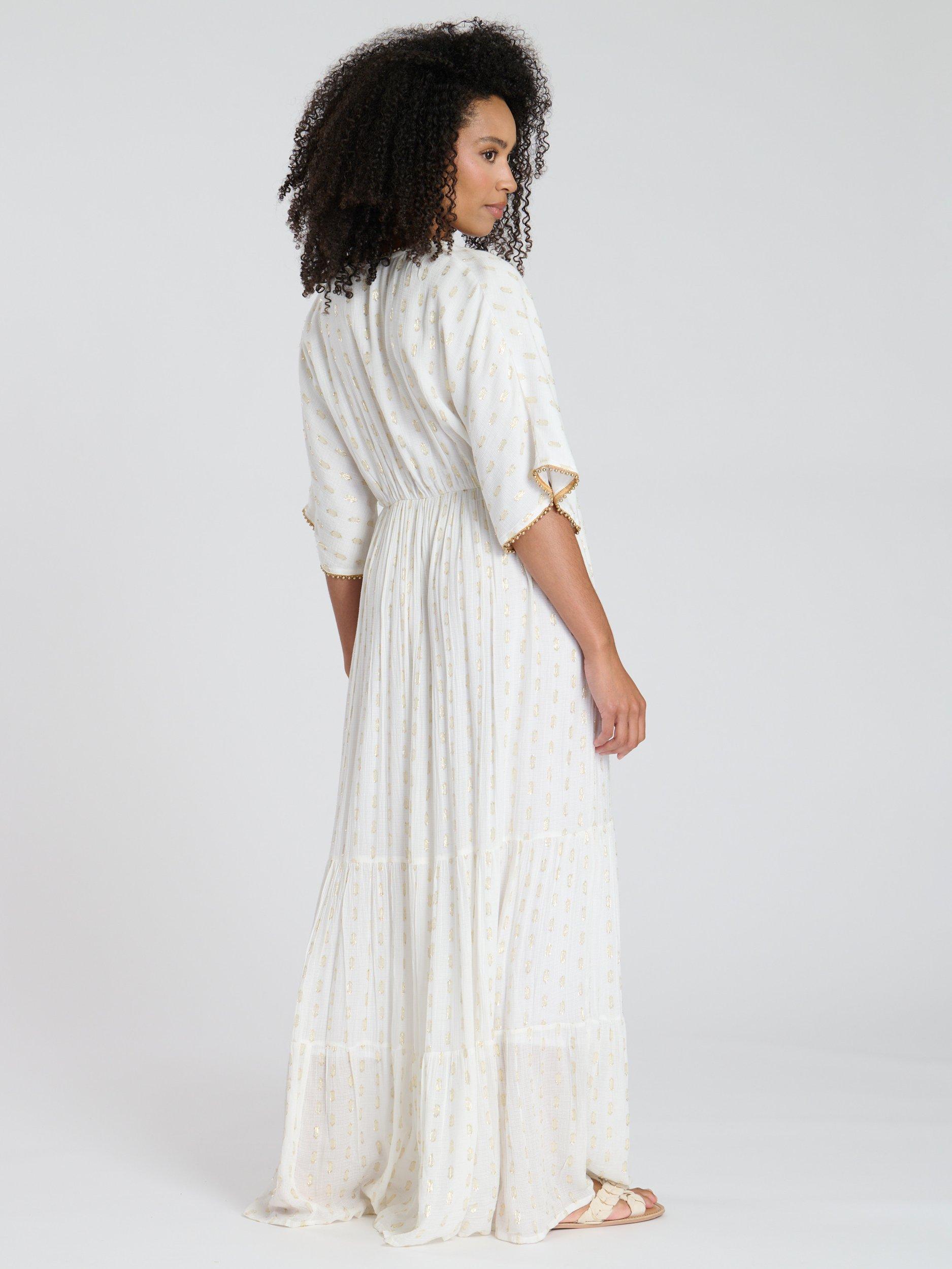 Product image 4 of 4, which shows South Beach Metallic Jacquard Spot Tiered Maxi Dress, Cream, 10