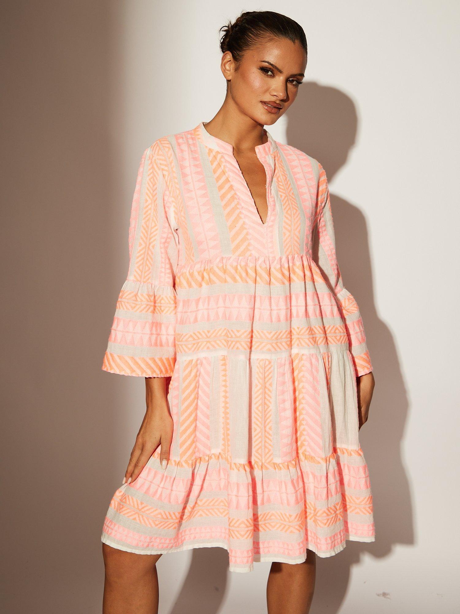 Product image 1 of 5, which shows South Beach Jacquard Drop Hem Tiered Mini Dress, Pink, 10