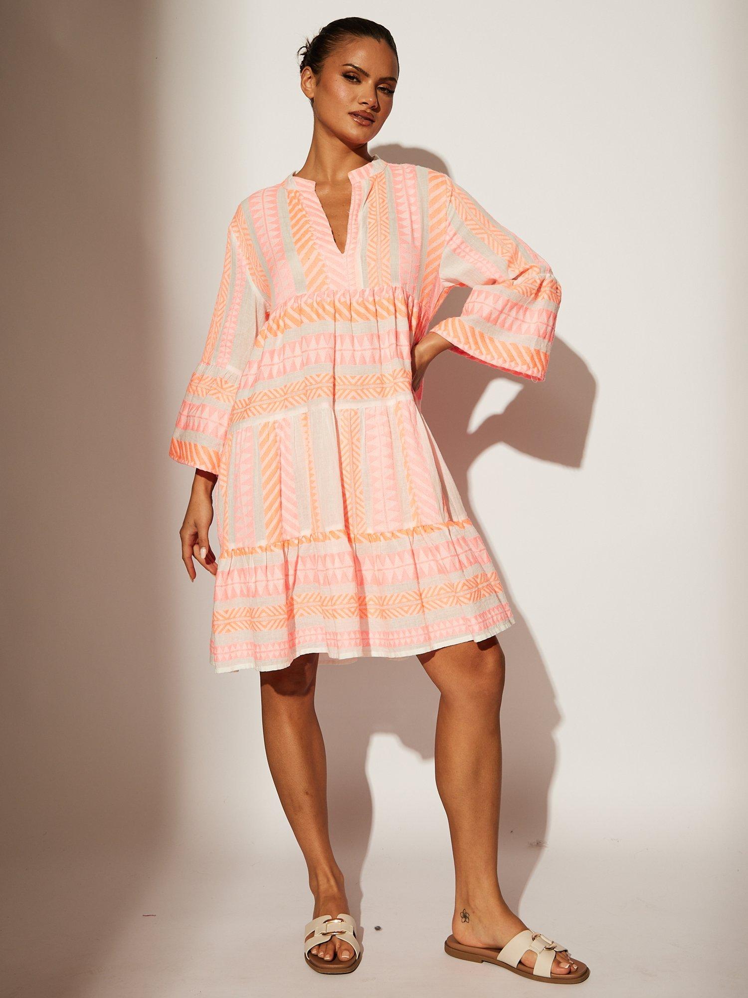 Product image 3 of 5, which shows South Beach Jacquard Drop Hem Tiered Mini Dress, Pink, 10