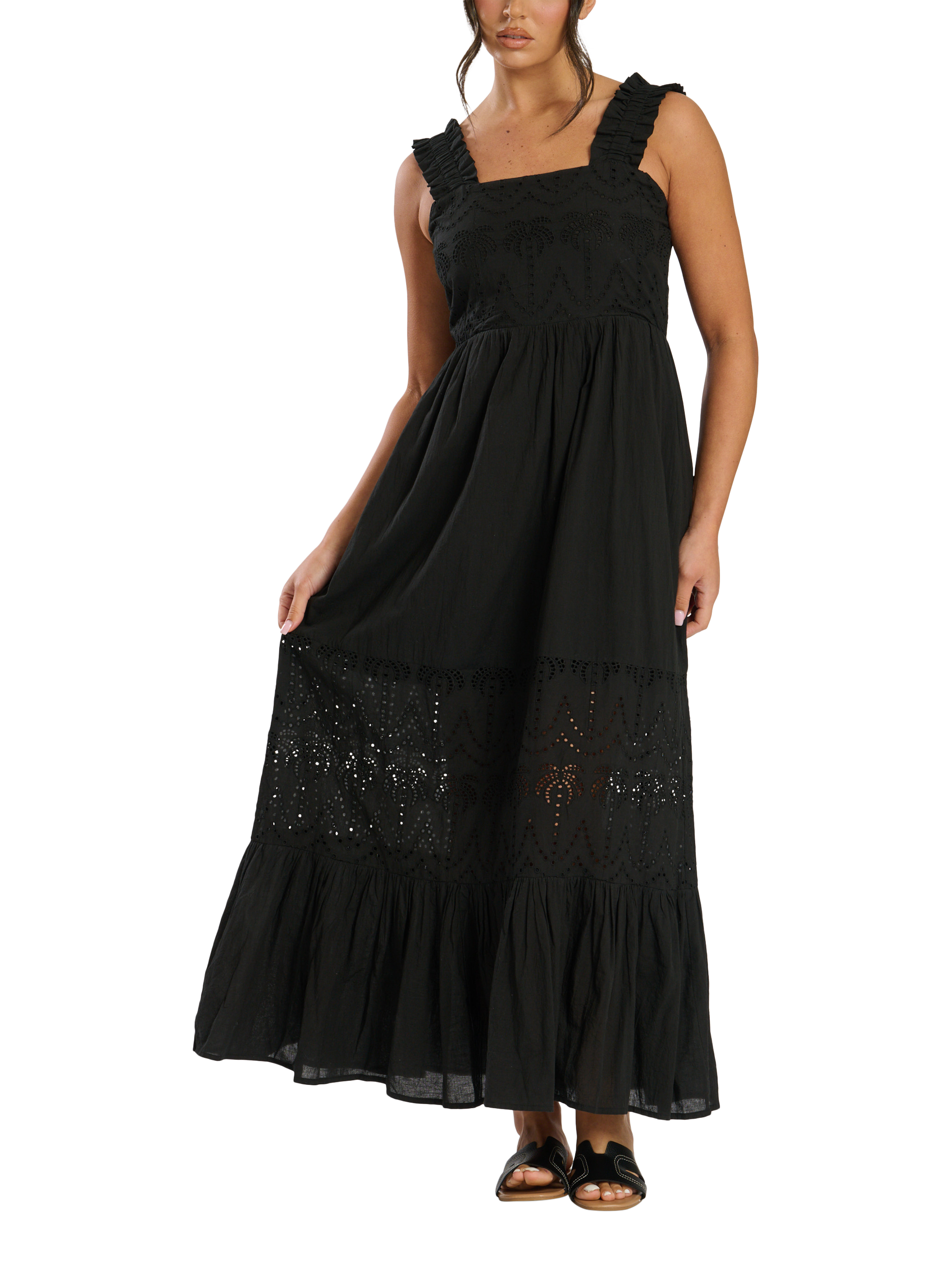 Product image 1 of 11, which shows South Beach Palm Broderie Tie Back Maxi Dress, Black, 10
