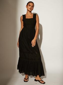 South Beach Palm Broderie Tie Back Maxi Dress, Black