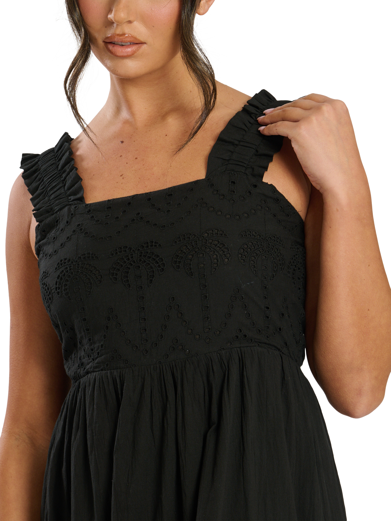 Product image 4 of 11, which shows South Beach Palm Broderie Tie Back Maxi Dress, Black, 10