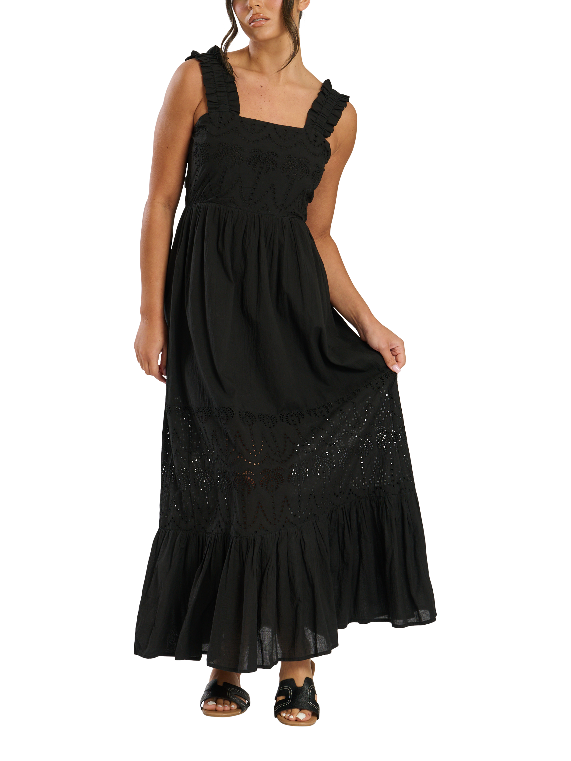 Product image 5 of 11, which shows South Beach Palm Broderie Tie Back Maxi Dress, Black, 10