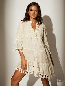 South Beach Trim Detail Tiered Mini Dress, White, White