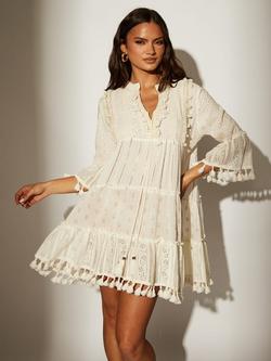 South Beach Trim Detail Tiered Mini Dress, White - view 2, White